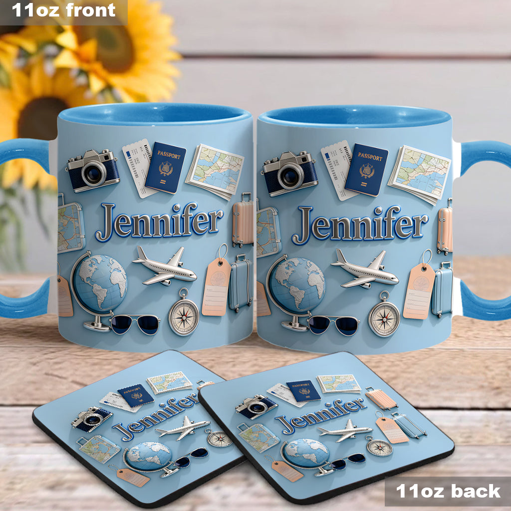 Une fille qui adore voyager - Mug et sous-verre personnalisés sur le thème du voyage