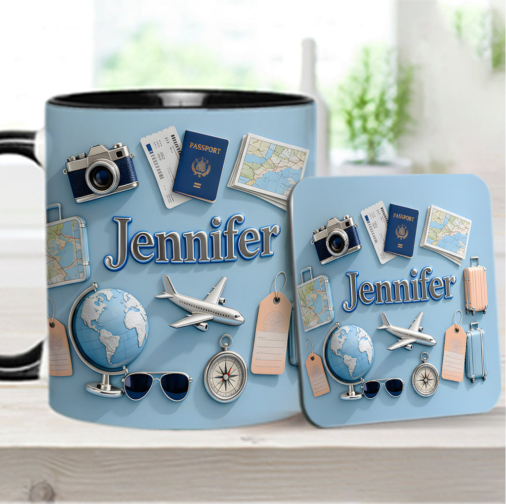 Une fille qui adore voyager - Mug et sous-verre personnalisés sur le thème du voyage