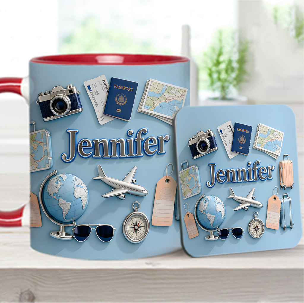 Une fille qui adore voyager - Mug et sous-verre personnalisés sur le thème du voyage