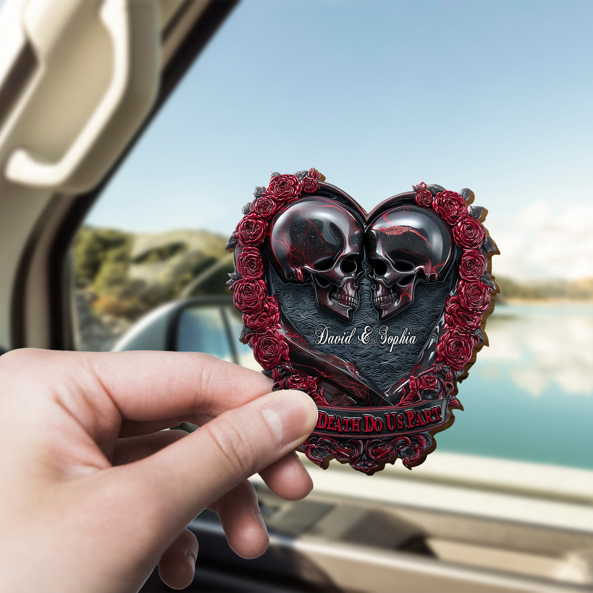 Jusqu'à ce que la mort nous sépare - Clip de pare-soleil de voiture personnalisé en forme de crâne