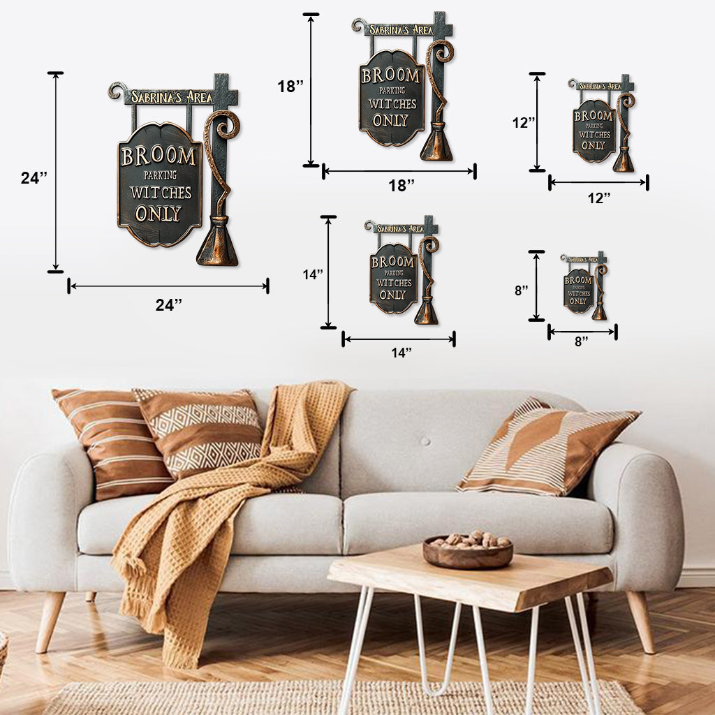Parking à balais réservé aux sorcières - Panneau métallique personnalisé découpé à la forme d'une sorcière