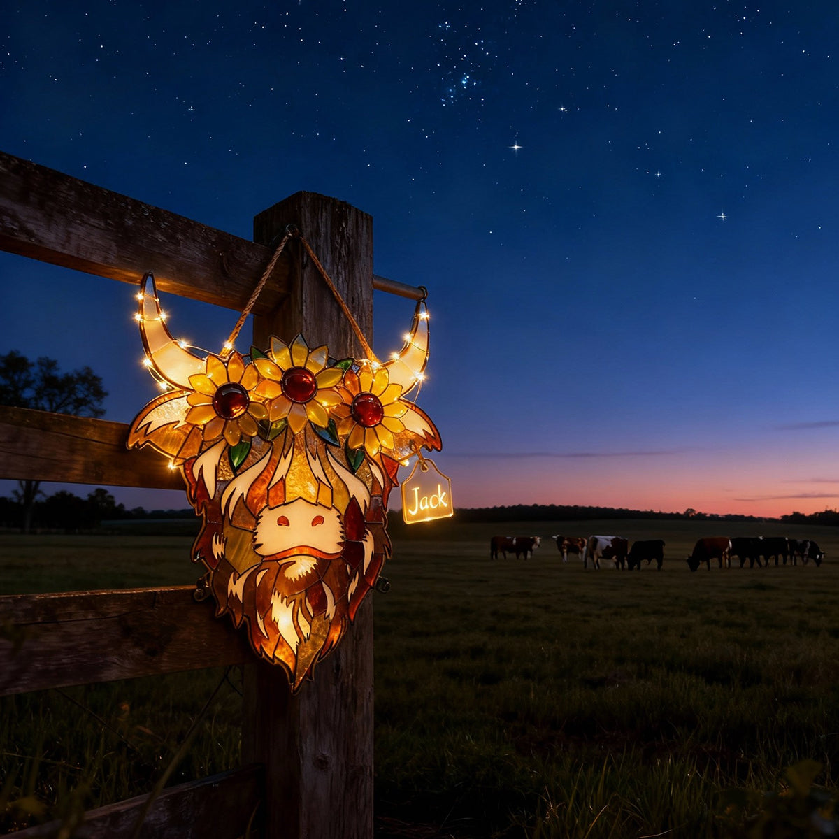 Vache des Highlands avec tournesols - Panneau lumineux LED personnalisé en acrylique représentant une vache des Highlands