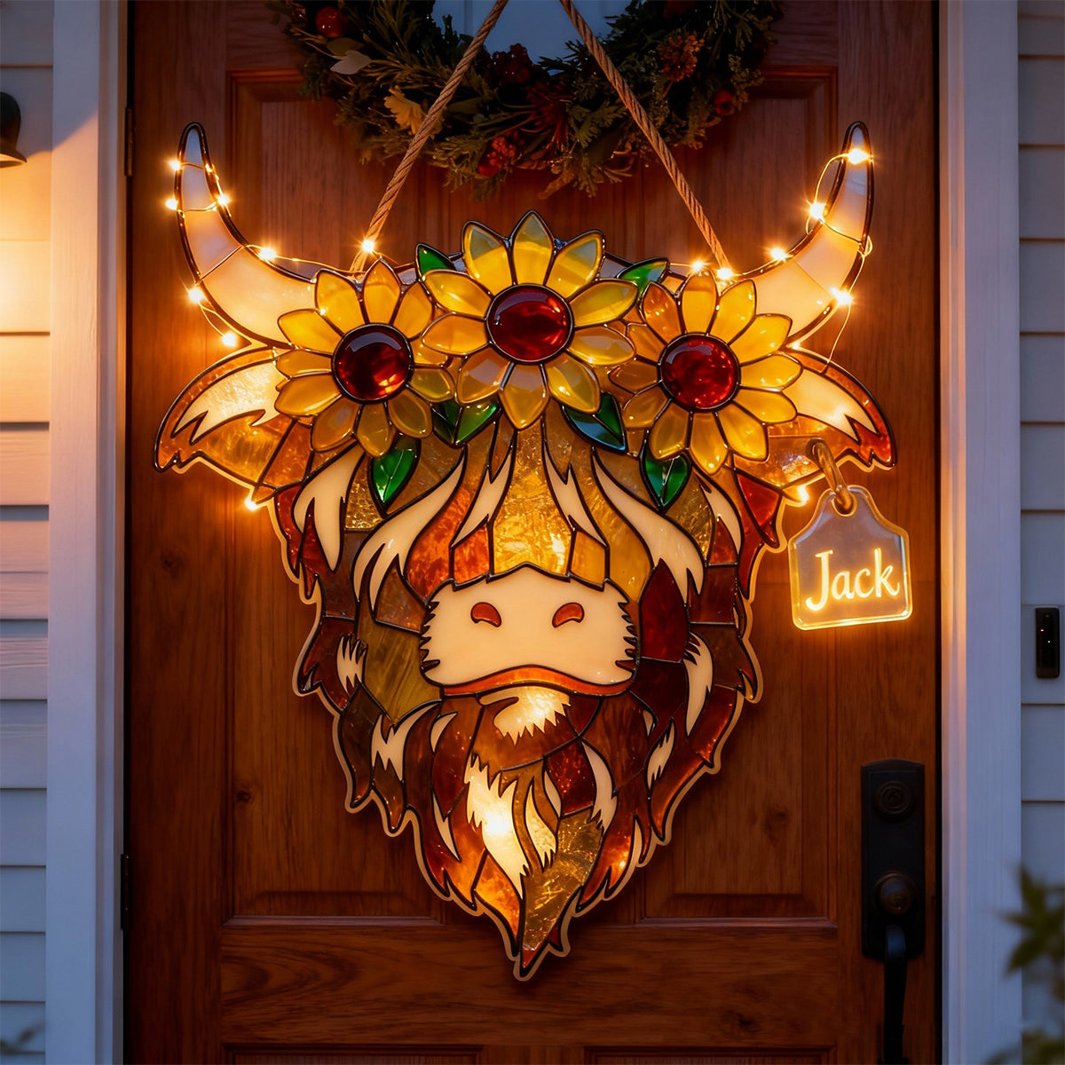 Vache des Highlands avec tournesols - Panneau lumineux LED personnalisé en acrylique représentant une vache des Highlands