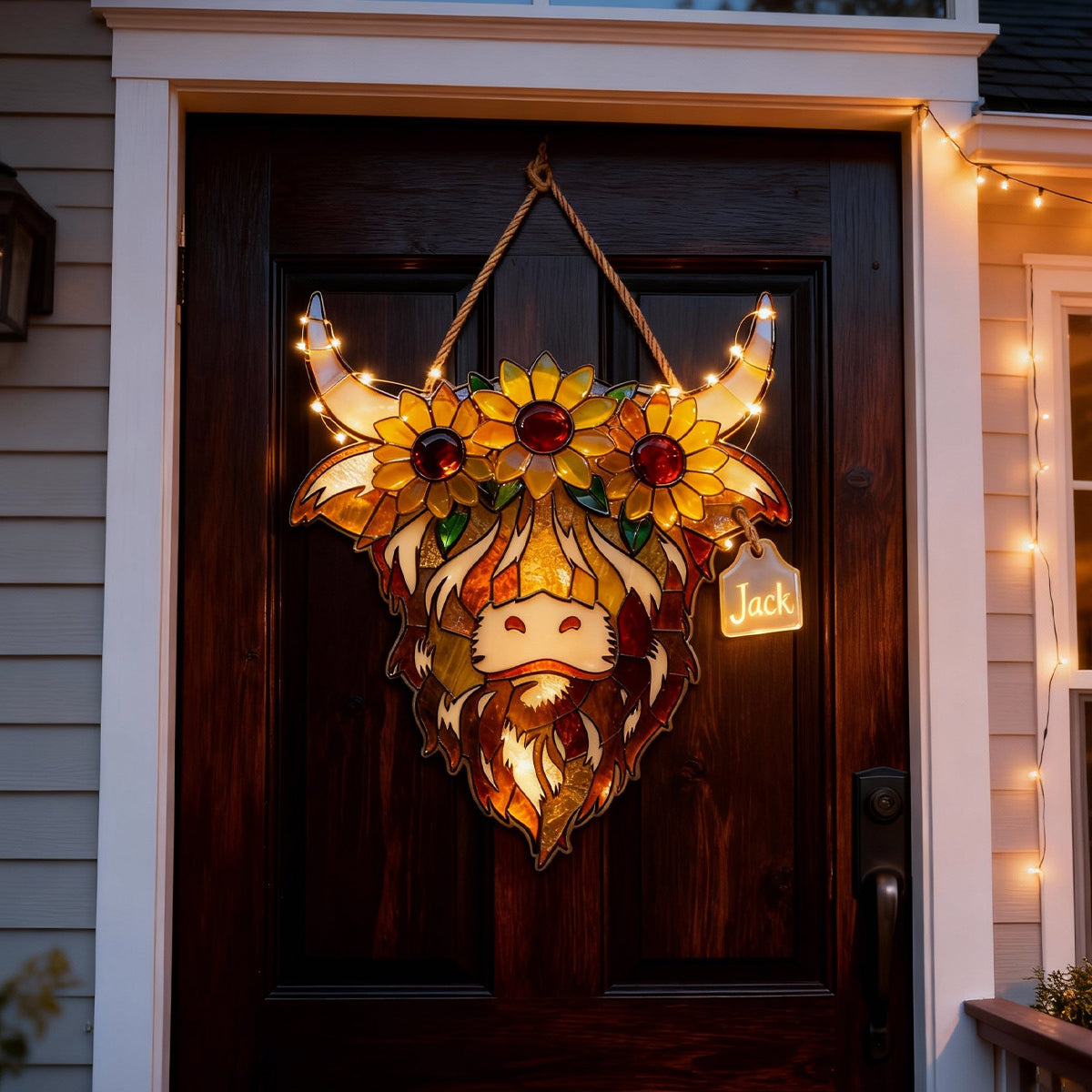 Vache des Highlands avec tournesols - Panneau lumineux LED personnalisé en acrylique représentant une vache des Highlands