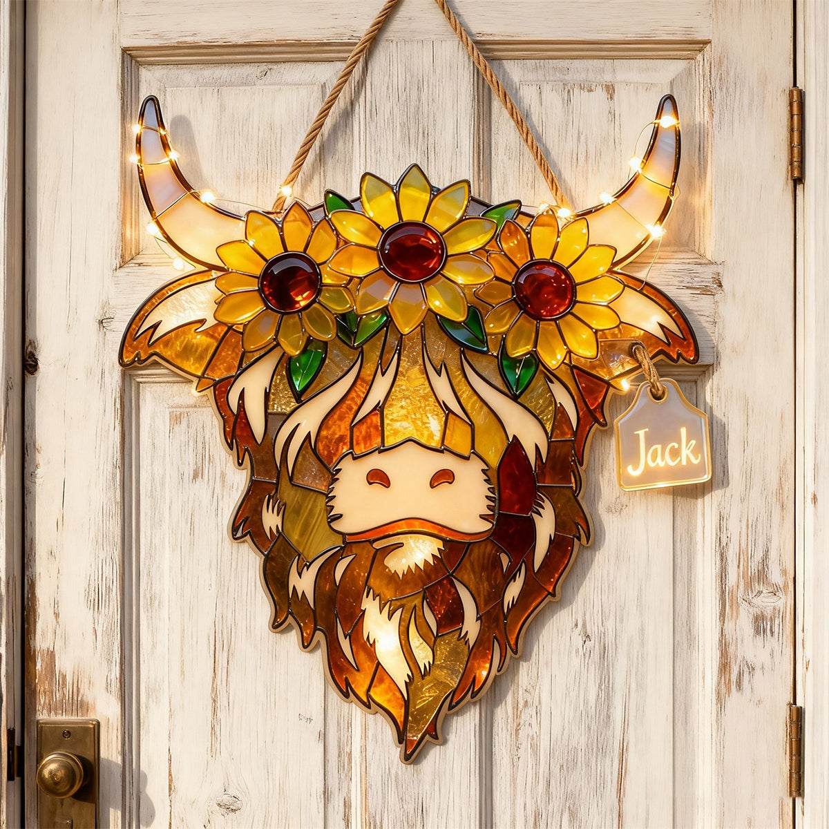 Vache des Highlands avec tournesols - Panneau lumineux LED personnalisé en acrylique représentant une vache des Highlands