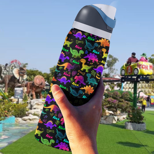 Gourde dinosaure pour enfants - Bouteille d'eau personnalisée 2 en 1 avec bec verseur