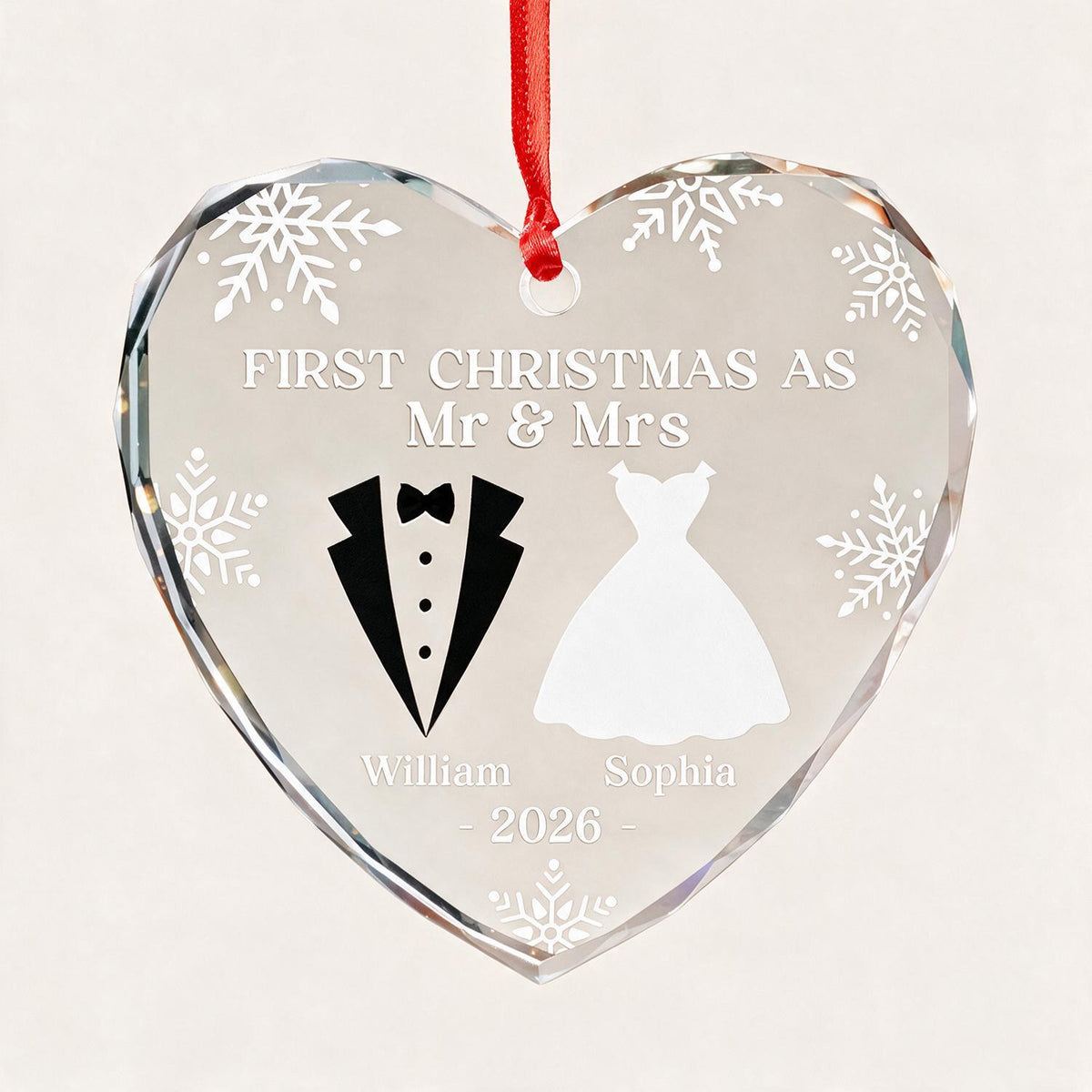 Personalized First Christmas as Mr & Mrs Heart Glass Ornament, Newlywed Wedding Gift