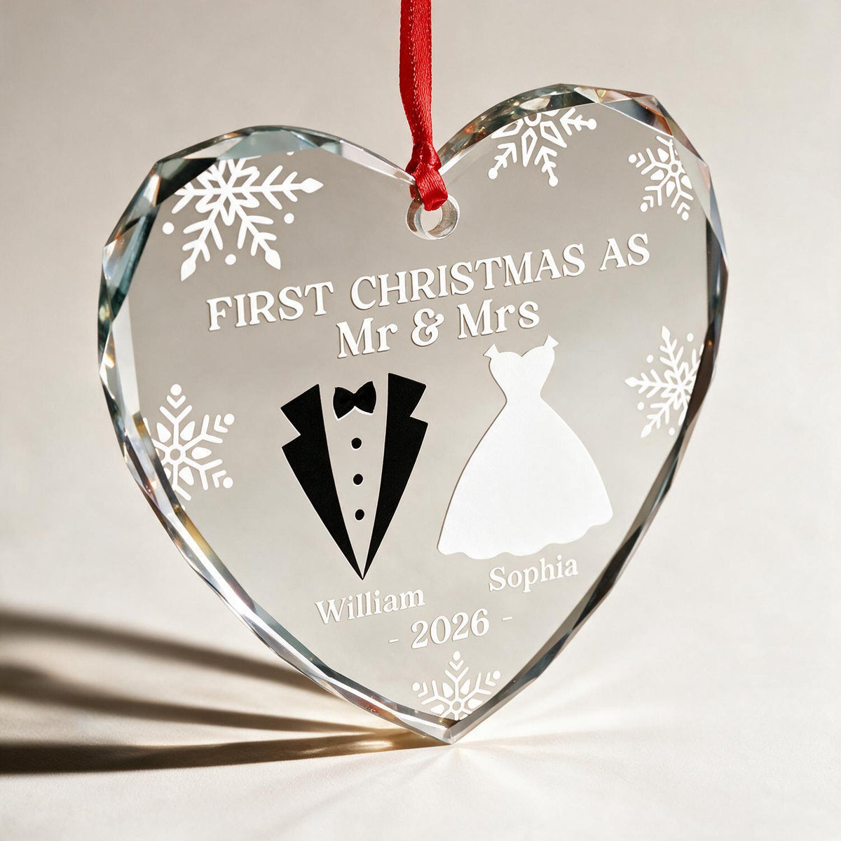 Personalized First Christmas as Mr & Mrs Heart Glass Ornament, Newlywed Wedding Gift