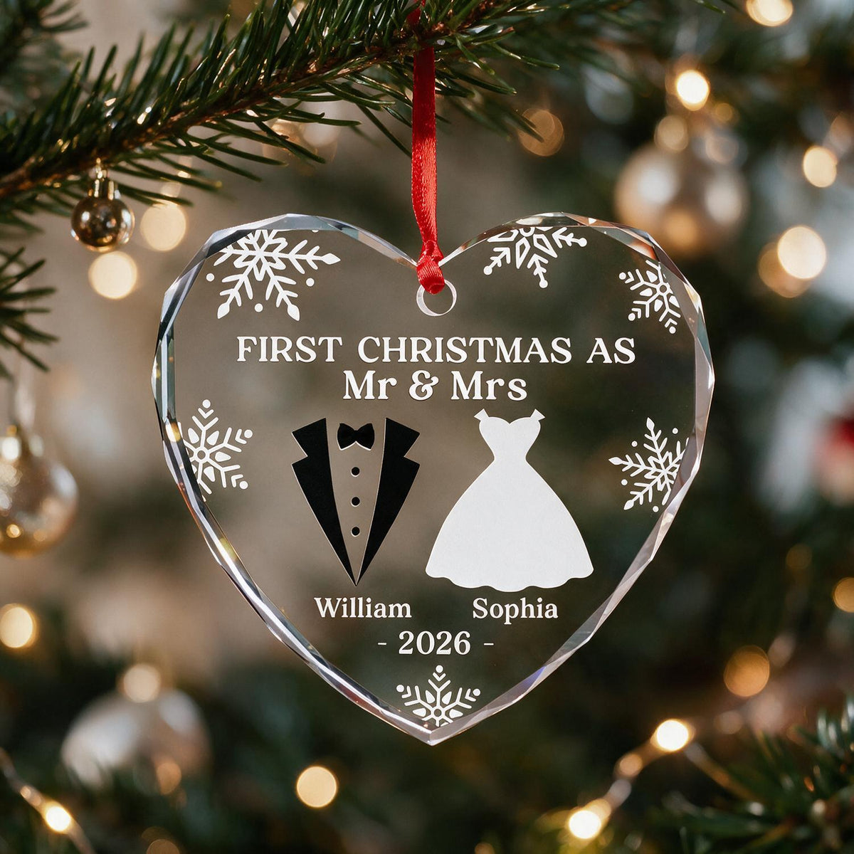 Personalized First Christmas as Mr & Mrs Heart Glass Ornament, Newlywed Wedding Gift