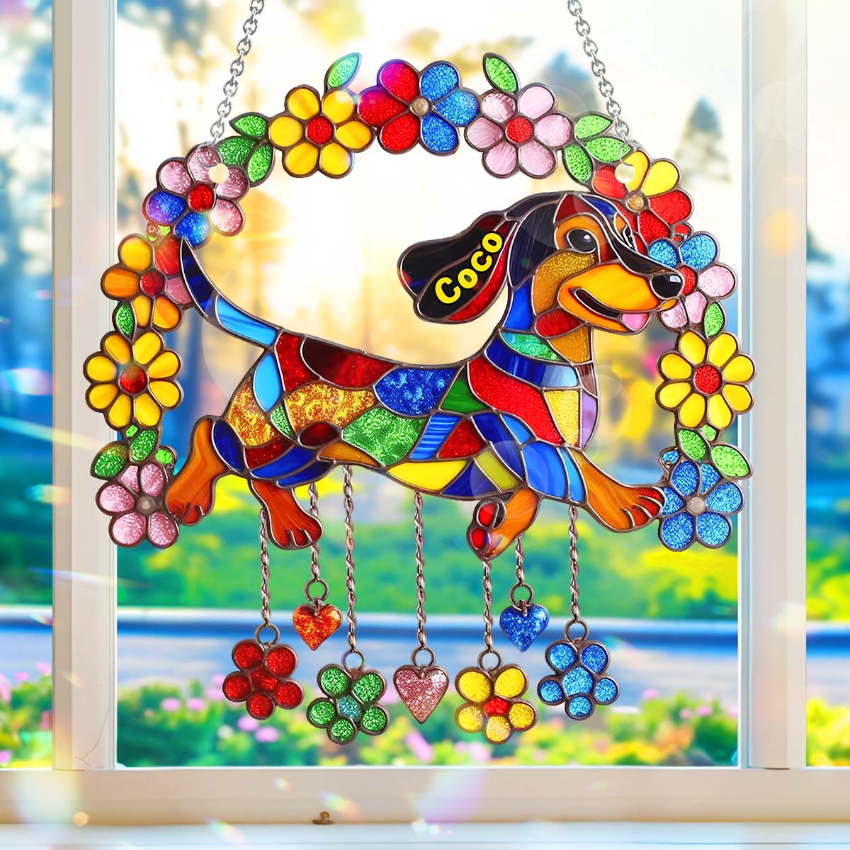 Cute Dachshund With Flowers - Personalized Dachshund Window Hanging Suncatcher Ornament