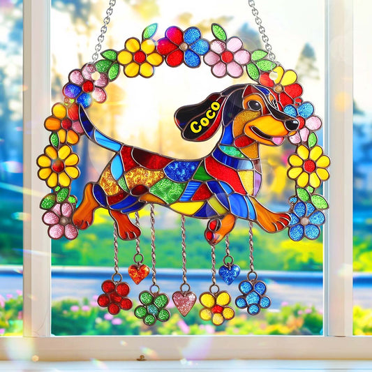 Adorable teckel avec des fleurs - Décoration attrape-soleil personnalisée à suspendre à la fenêtre, motif teckel