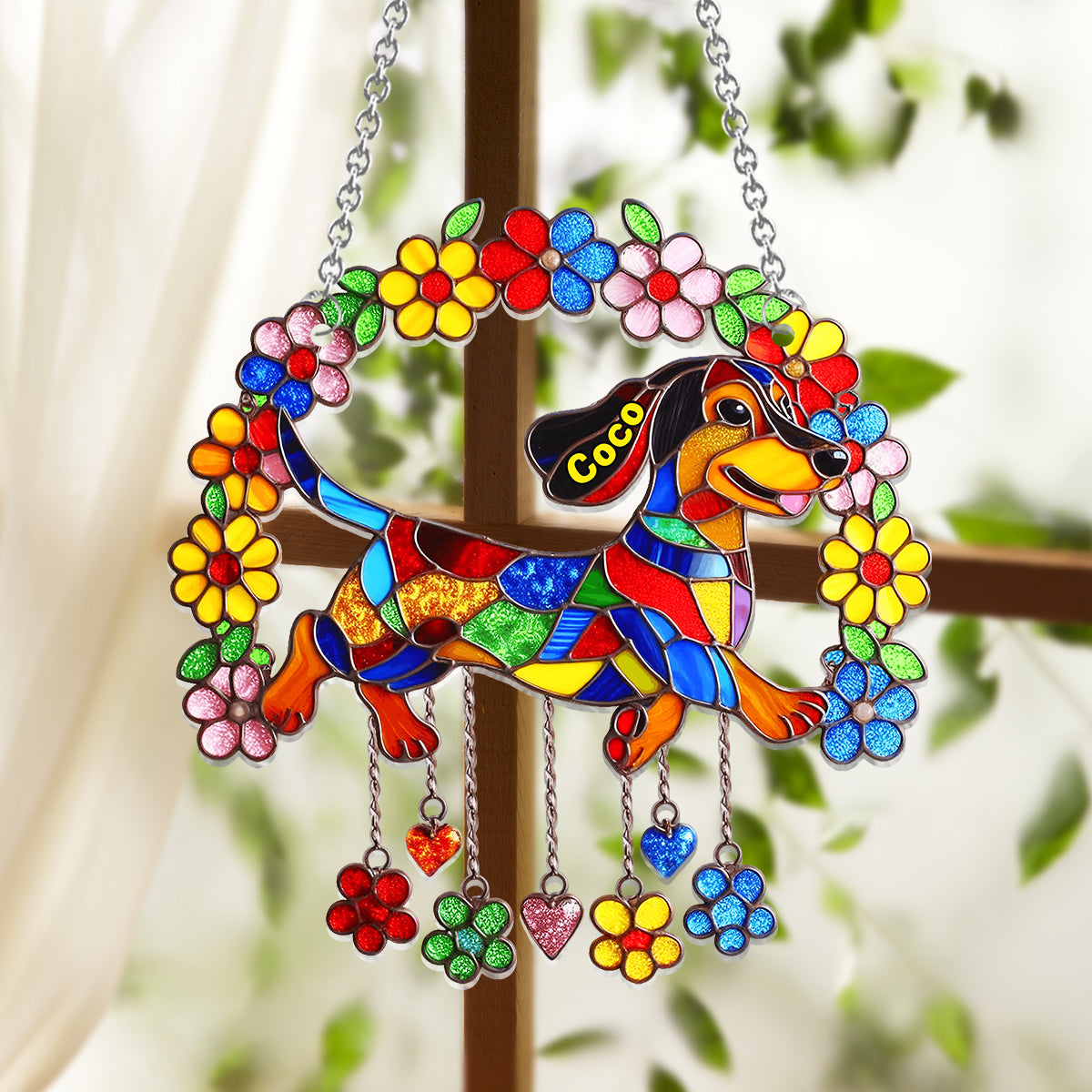 Cute Dachshund With Flowers - Personalized Dachshund Window Hanging Suncatcher Ornament