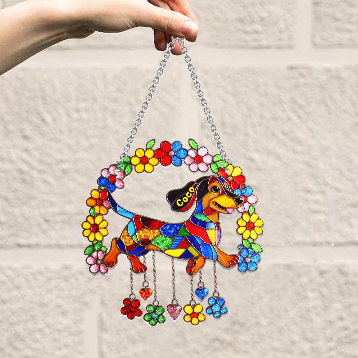 Cute Dachshund With Flowers - Personalized Dachshund Window Hanging Suncatcher Ornament