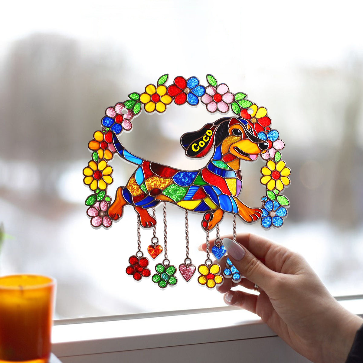 Cute Dachshund With Flowers - Personalized Dachshund Window Hanging Suncatcher Ornament