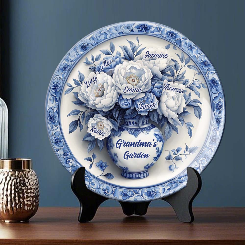Assiette ronde en céramique personnalisée « Jardin fleuri de grand-mère » bleu et blanc classique
