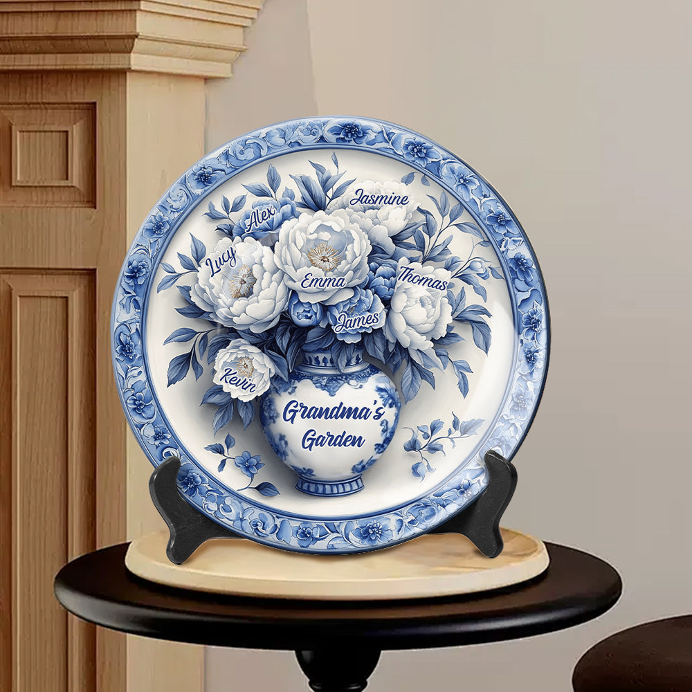 Assiette ronde en céramique personnalisée « Jardin fleuri de grand-mère » bleu et blanc classique