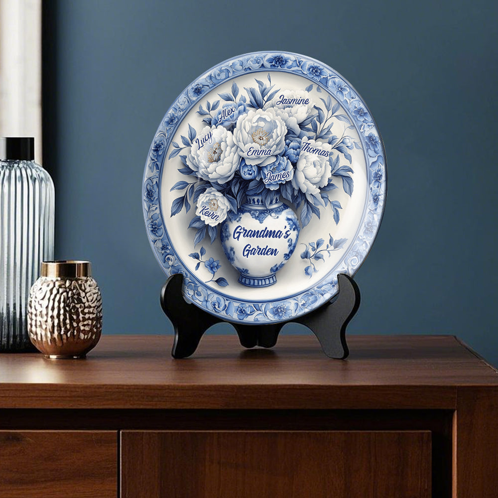 Assiette ronde en céramique personnalisée « Jardin fleuri de grand-mère » bleu et blanc classique