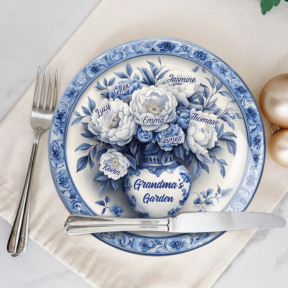 Assiette ronde en céramique personnalisée « Jardin fleuri de grand-mère » bleu et blanc classique
