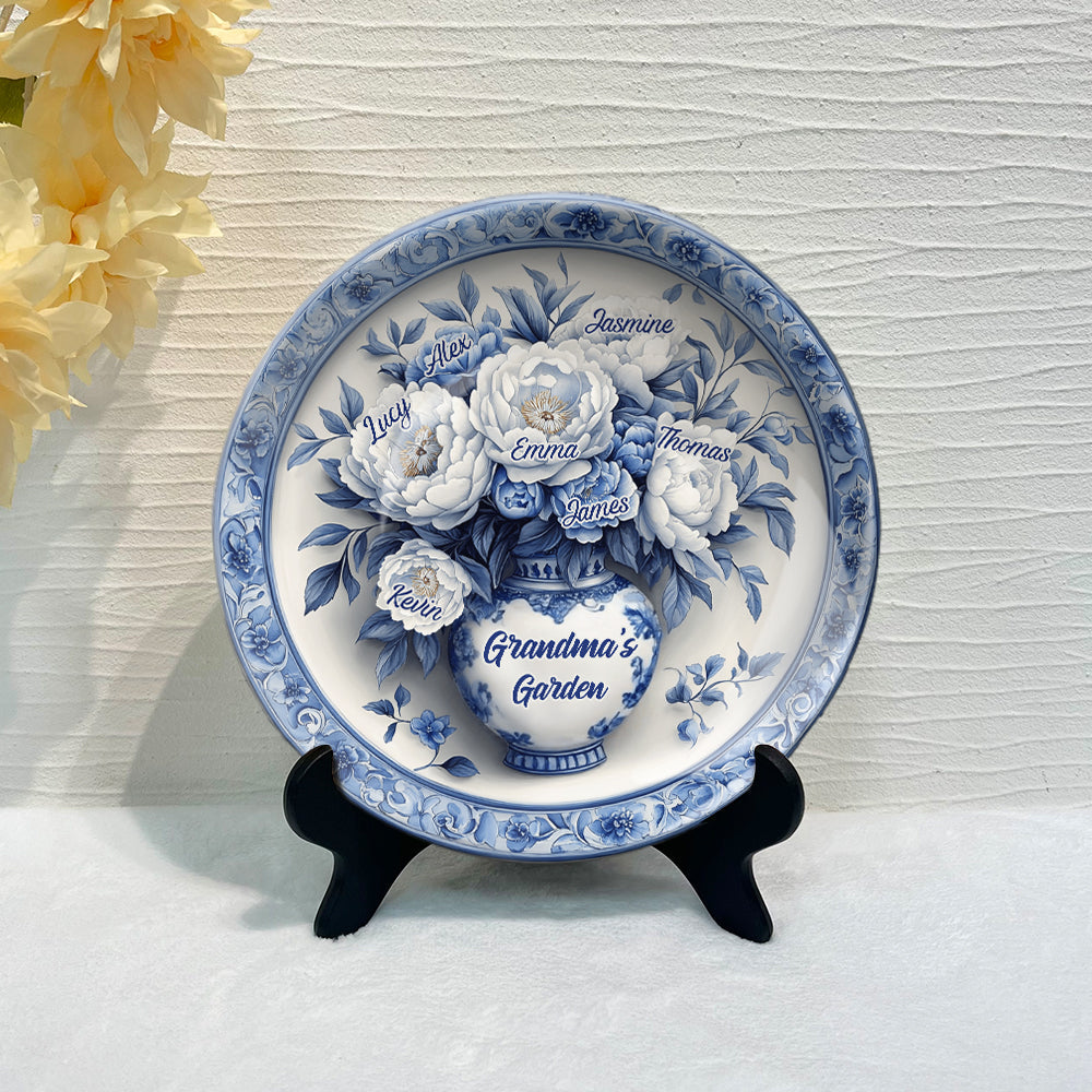 Assiette ronde en céramique personnalisée « Jardin fleuri de grand-mère » bleu et blanc classique
