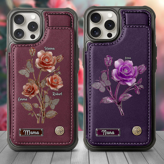 Étui portefeuille personnalisé pour téléphone portable « Mère et Roses »