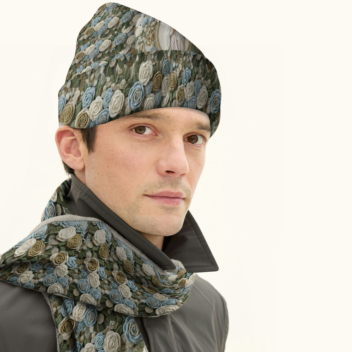 Notre-Dame Rose - Ensemble bonnet et écharpe chrétiens tricotés personnalisés