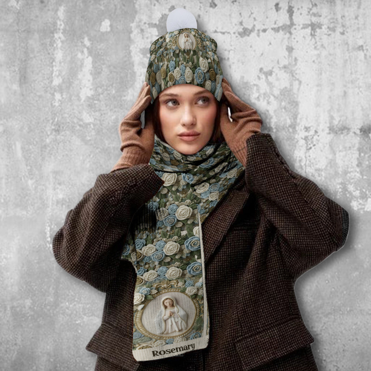 Notre-Dame Rose - Ensemble bonnet et écharpe chrétiens tricotés personnalisés