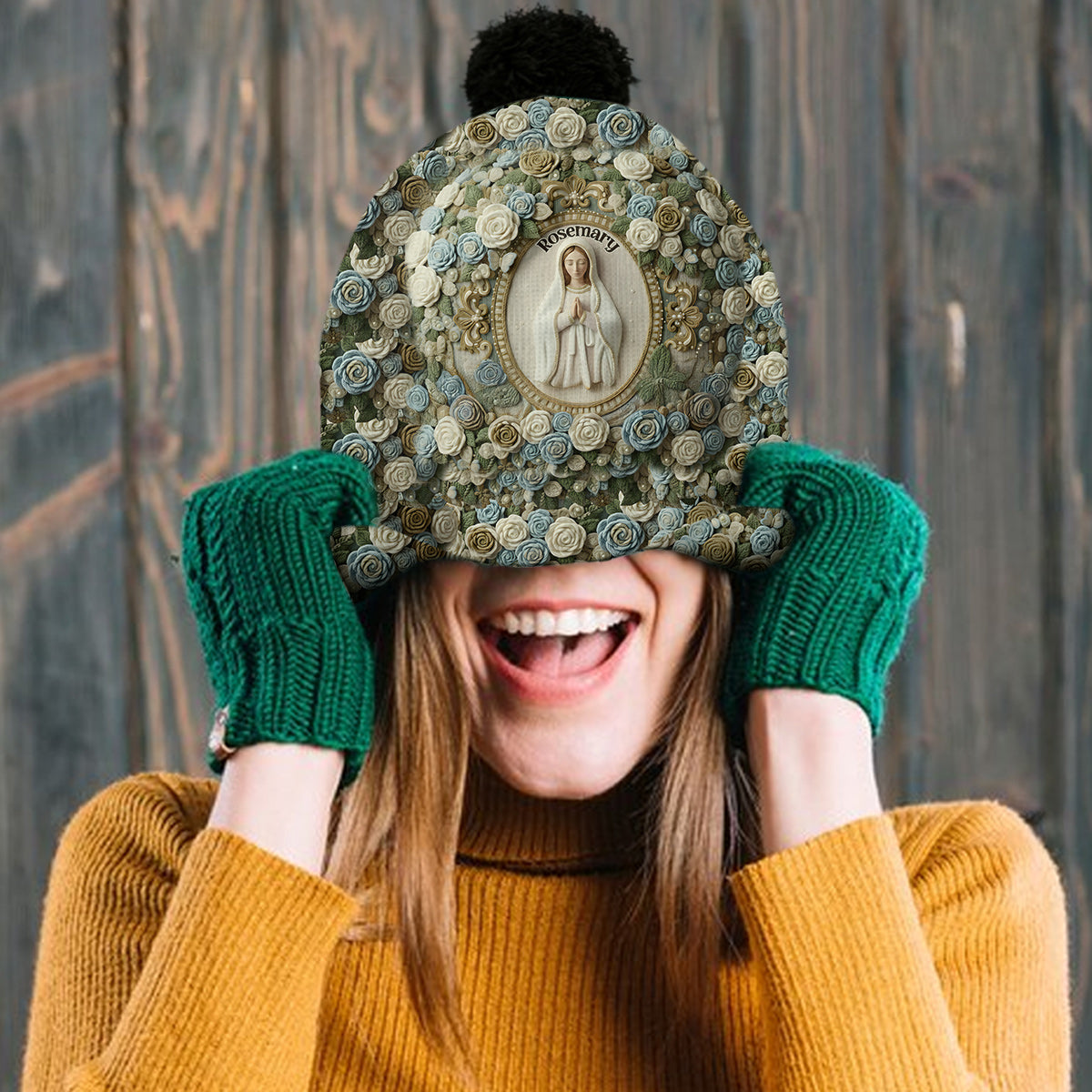 Notre-Dame Rose - Ensemble bonnet et écharpe chrétiens tricotés personnalisés