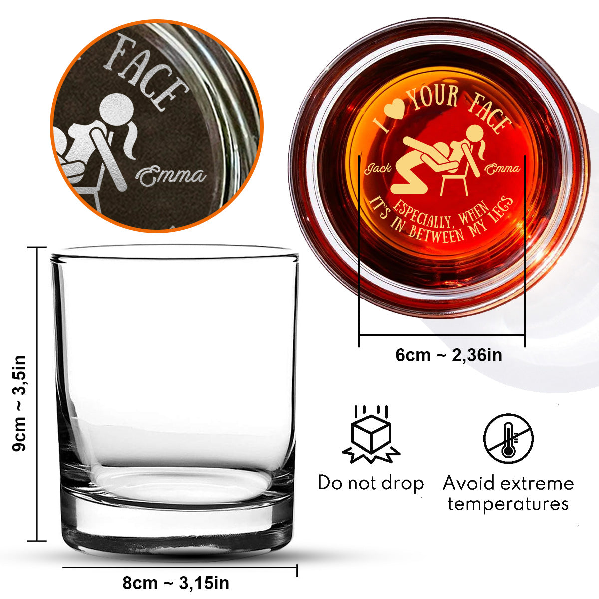 J'aime ton visage entre mes jambes - Verre à whisky gravé personnalisé pour couple