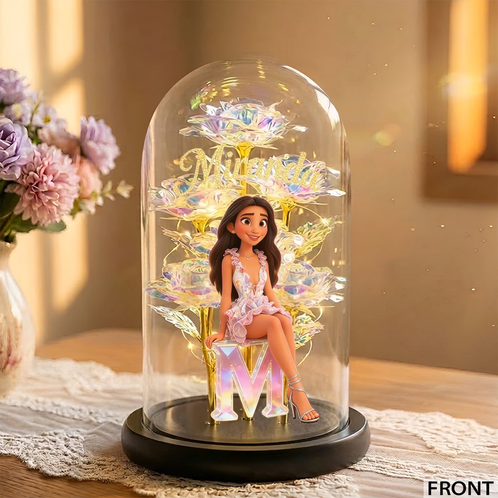 Crystal Alphabet Letter Gift - Personalized Self Love Glowing Roses Glass Dome