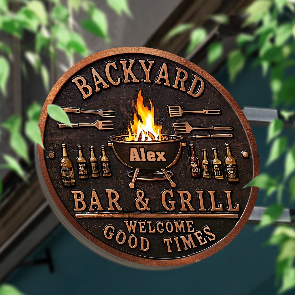 Backyard Bar & Grill Sign - Personalized Grilling Round Metal Sign