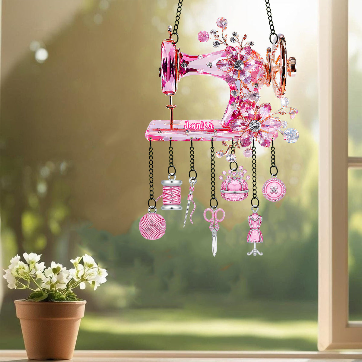 Beautiful Sewing Machine - Personalized Sewing Window Hanging Suncatcher With Charms
