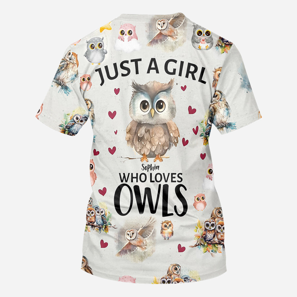 T-shirt personnalisé « Juste une fille qui aime les hiboux » avec motif hibou intégral