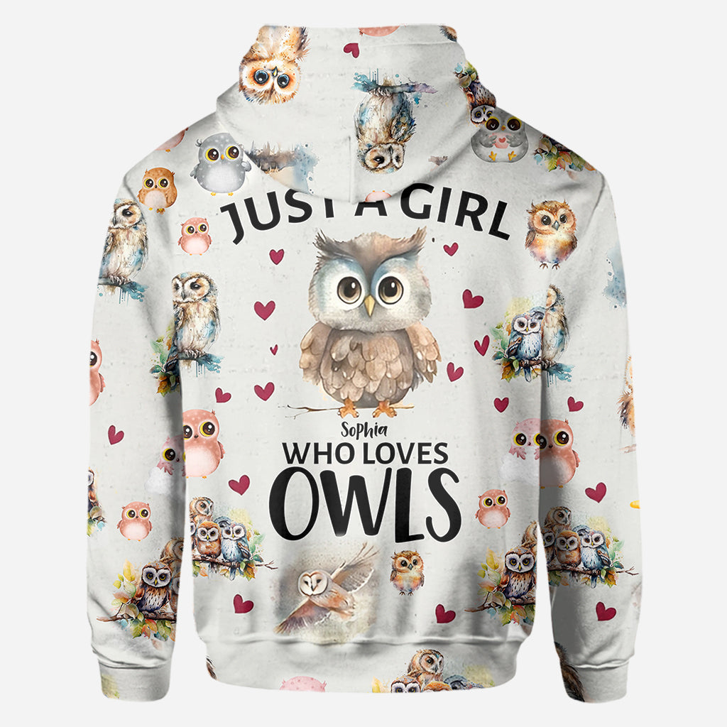 T-shirt personnalisé « Juste une fille qui aime les hiboux » avec motif hibou intégral