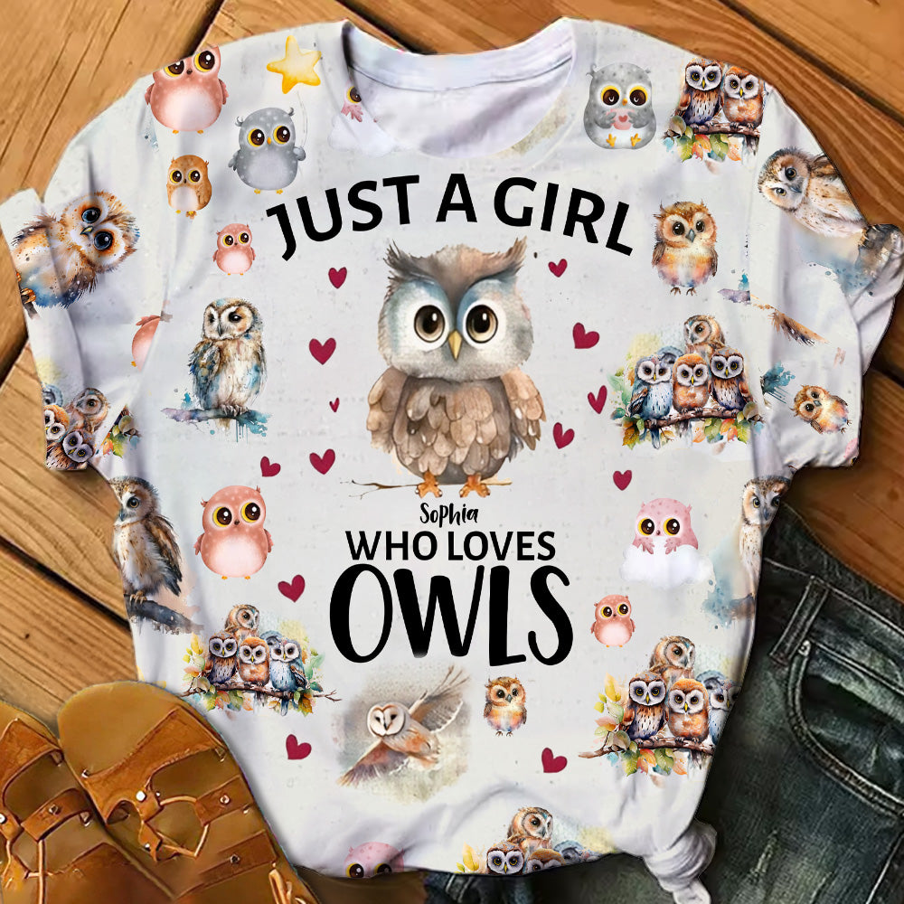 T-shirt personnalisé « Juste une fille qui aime les hiboux » avec motif hibou intégral