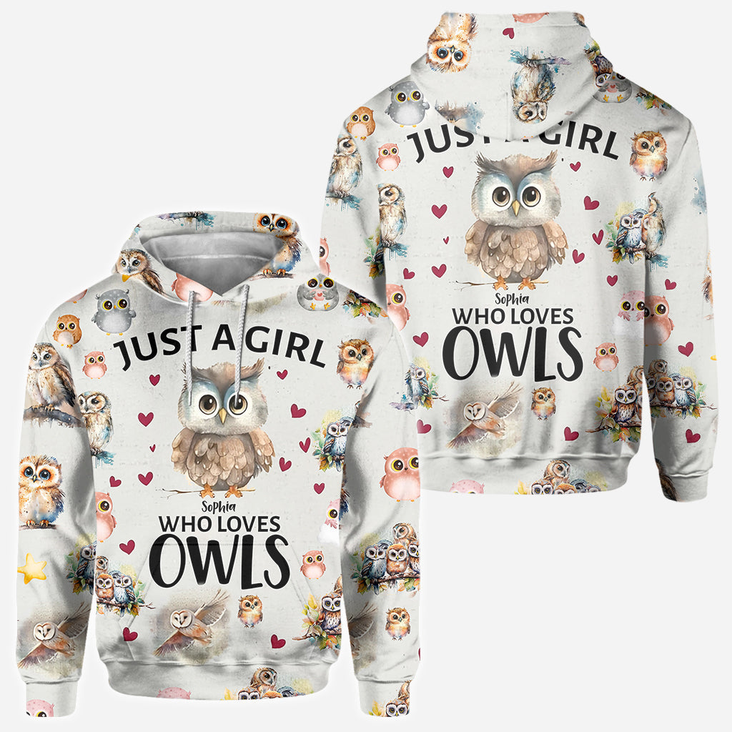 T-shirt personnalisé « Juste une fille qui aime les hiboux » avec motif hibou intégral