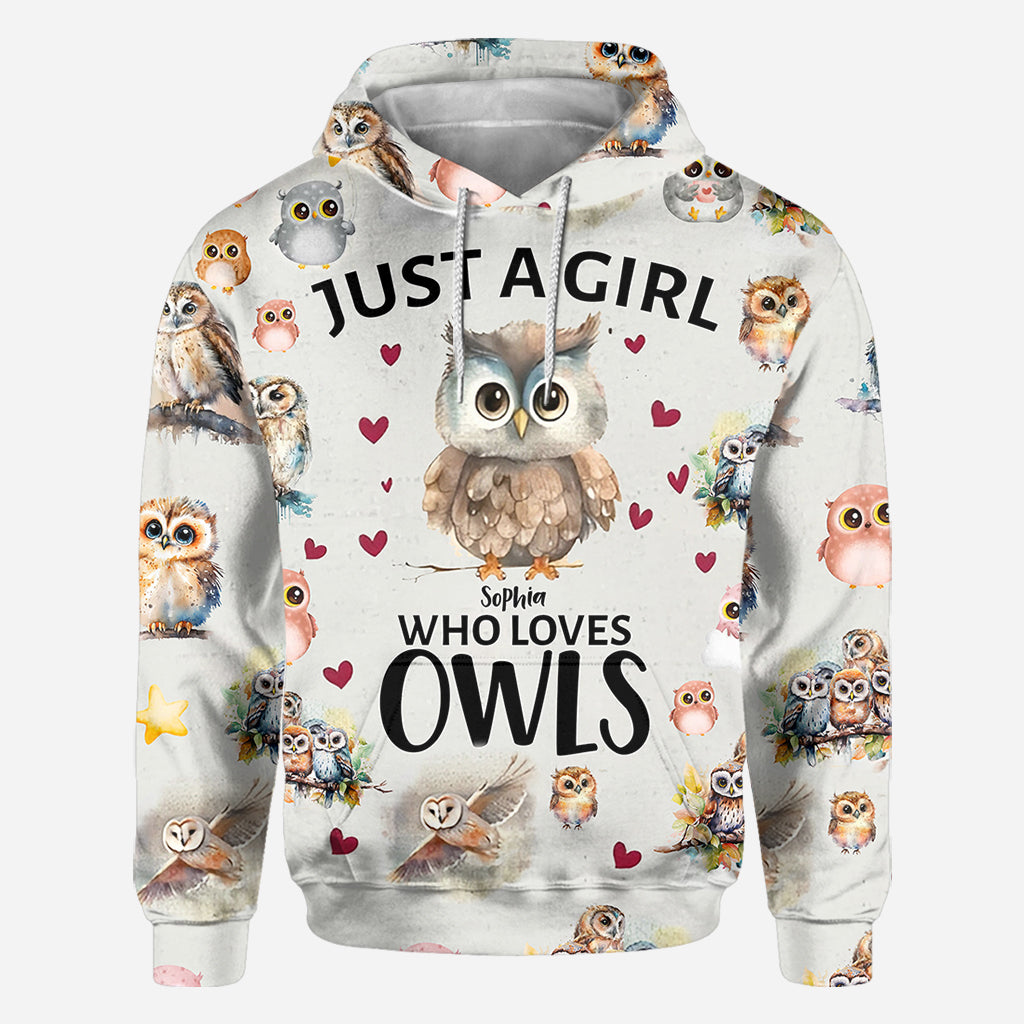T-shirt personnalisé « Juste une fille qui aime les hiboux » avec motif hibou intégral