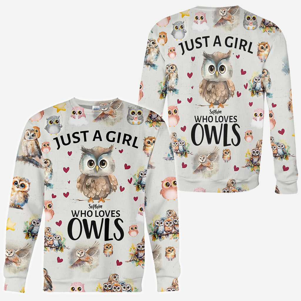 T-shirt personnalisé « Juste une fille qui aime les hiboux » avec motif hibou intégral