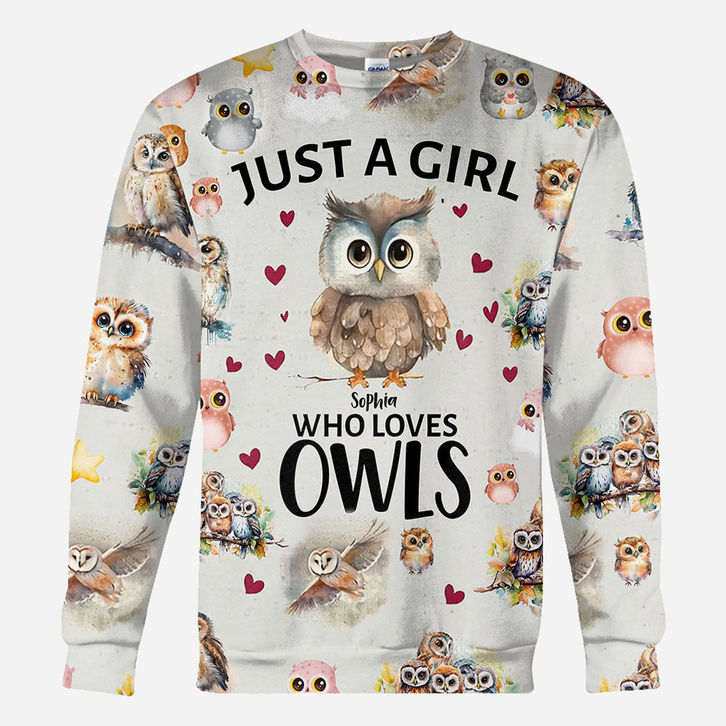 T-shirt personnalisé « Juste une fille qui aime les hiboux » avec motif hibou intégral
