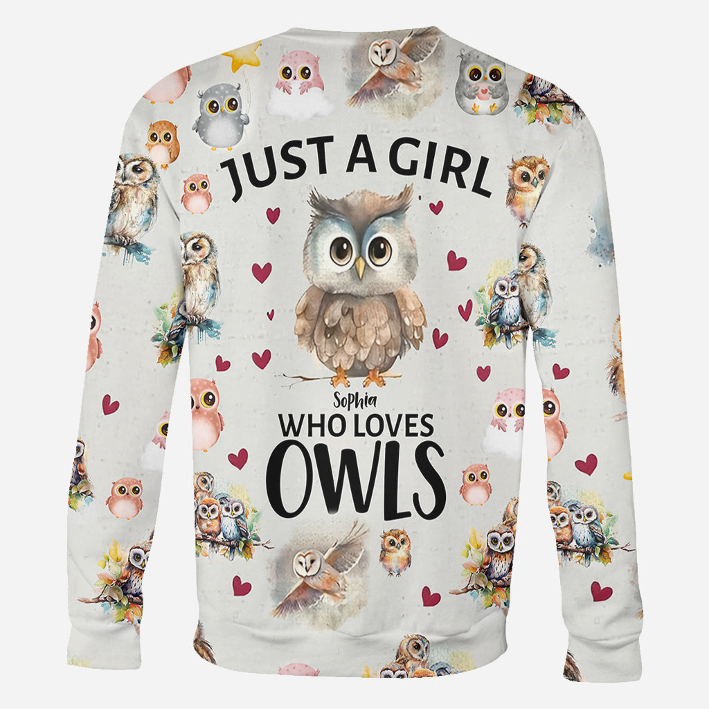 T-shirt personnalisé « Juste une fille qui aime les hiboux » avec motif hibou intégral