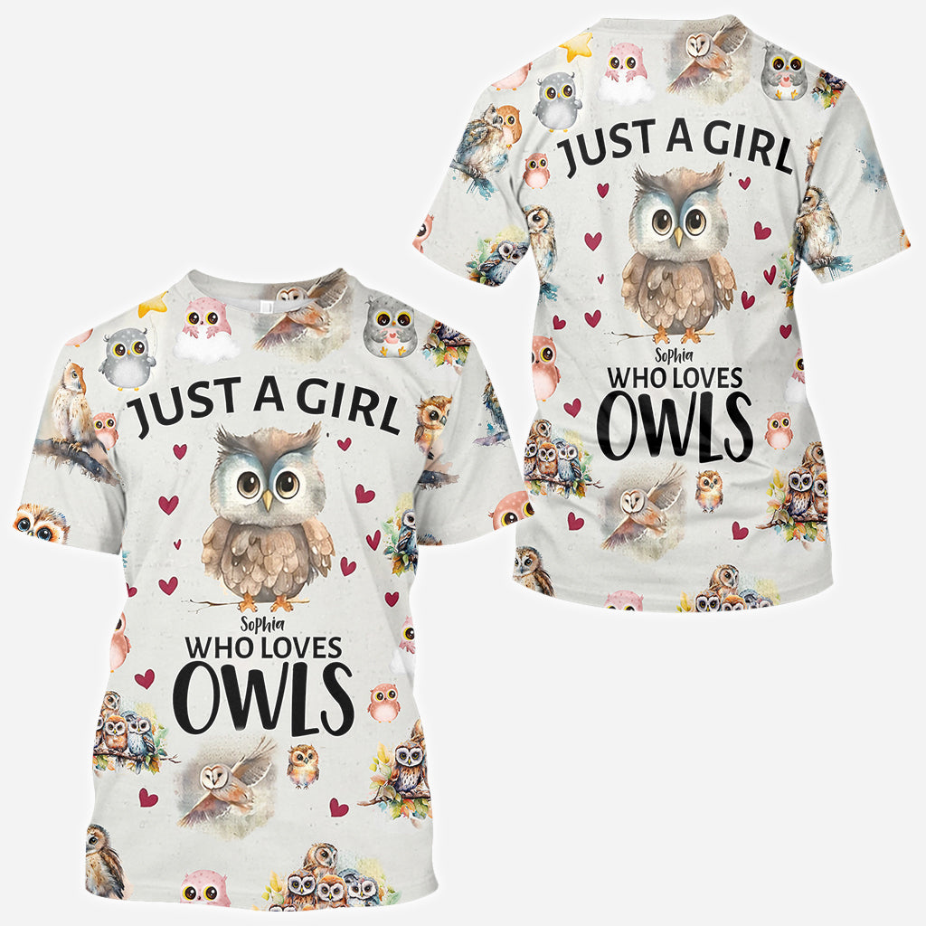 T-shirt personnalisé « Juste une fille qui aime les hiboux » avec motif hibou intégral