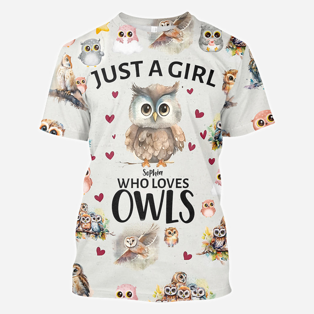 T-shirt personnalisé « Juste une fille qui aime les hiboux » avec motif hibou intégral