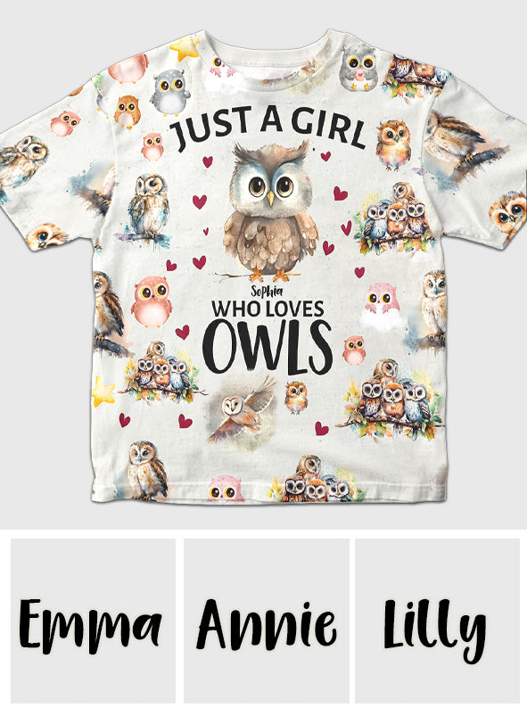 T-shirt personnalisé « Juste une fille qui aime les hiboux » avec motif hibou intégral