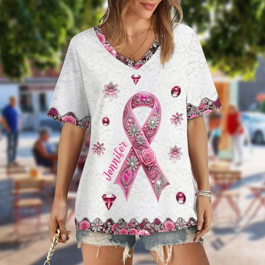 Sensibilisation au cancer du sein - T-shirt à col en V entièrement imprimé et personnalisé pour la sensibilisation au cancer du sein