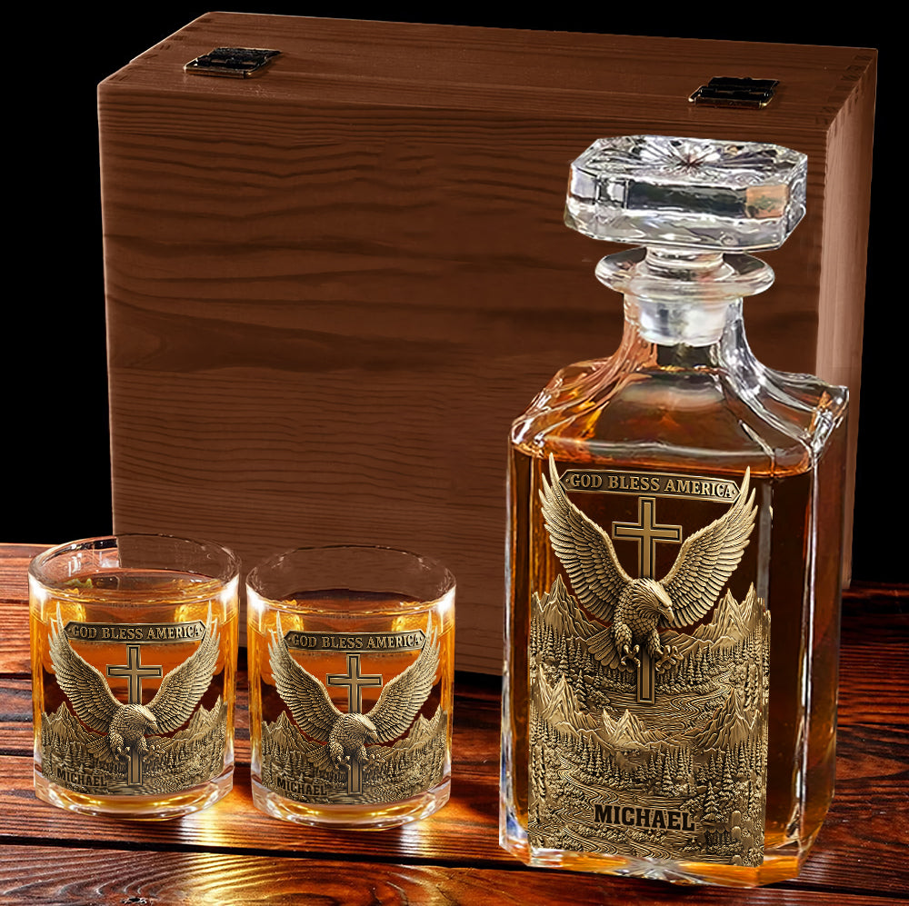 Que Dieu bénisse l'Amérique - Coffret carafe à whisky personnalisée avec aigle à tête blanche
