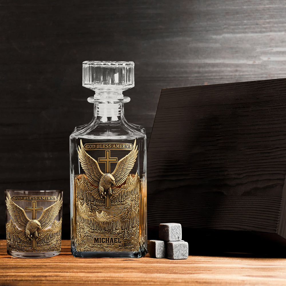 Que Dieu bénisse l'Amérique - Coffret carafe à whisky personnalisée avec aigle à tête blanche