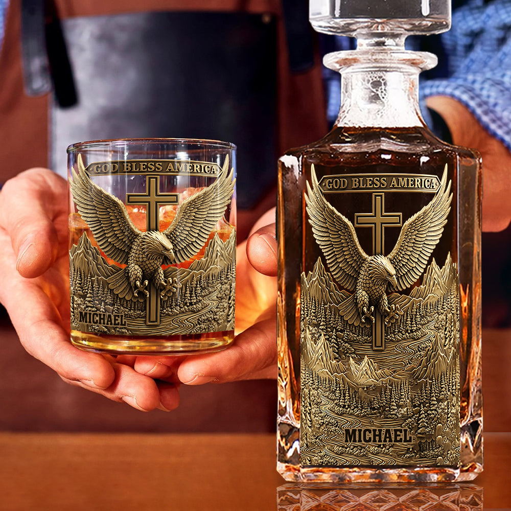Que Dieu bénisse l'Amérique - Coffret carafe à whisky personnalisée avec aigle à tête blanche
