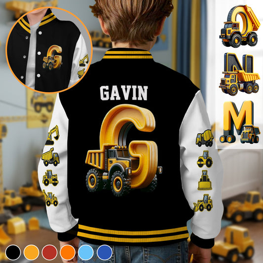 Initial Construction Vehicles For Boys And Girls - Personalized Kid Varsity Jacket
