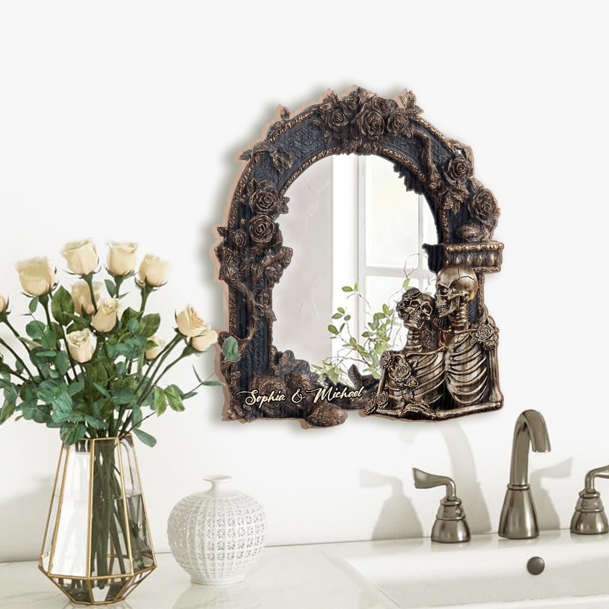 Couple Romantique Gothique - Miroir Mural Personnalisé Tête de Mort
