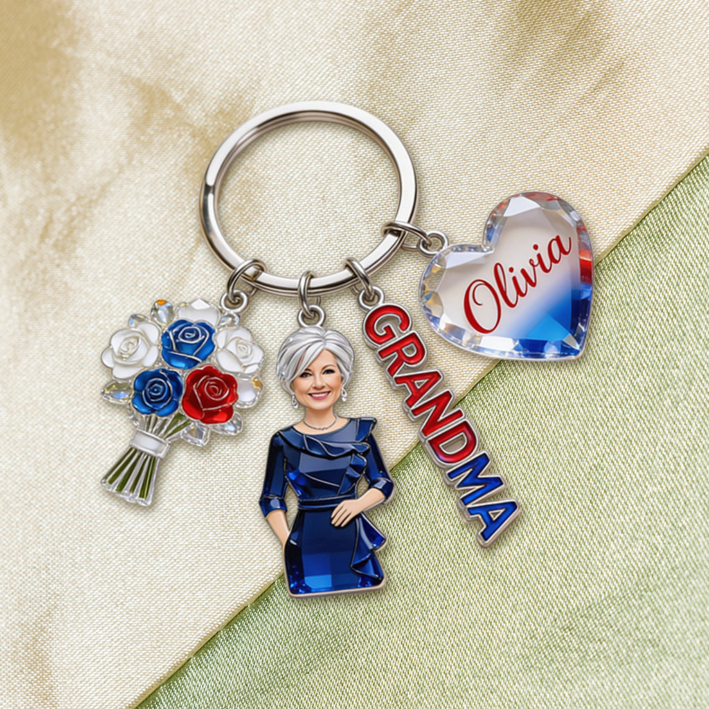 Custom Any Photo American Mom/Grandma - Personalized Grandma Premium Keychain With Charms