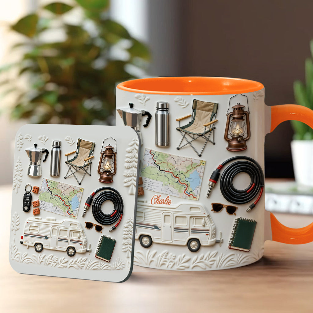 J'adore le camping - Mug et sous-verre personnalisés sur le thème du camping